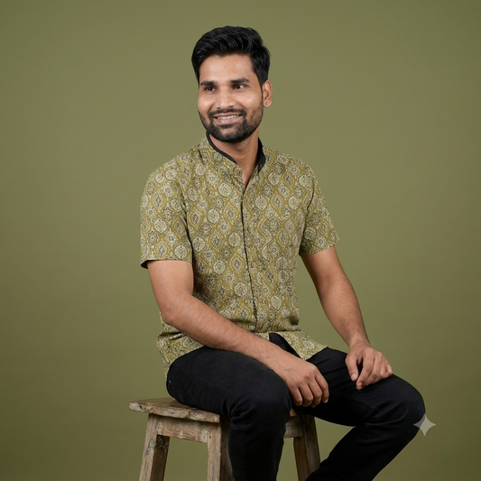 The Aravalli Green Geometric Block-Print Shirt