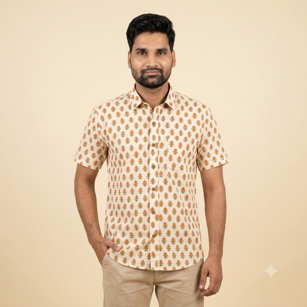 The Sanganeri Saffron Blossom Heritage Shirt