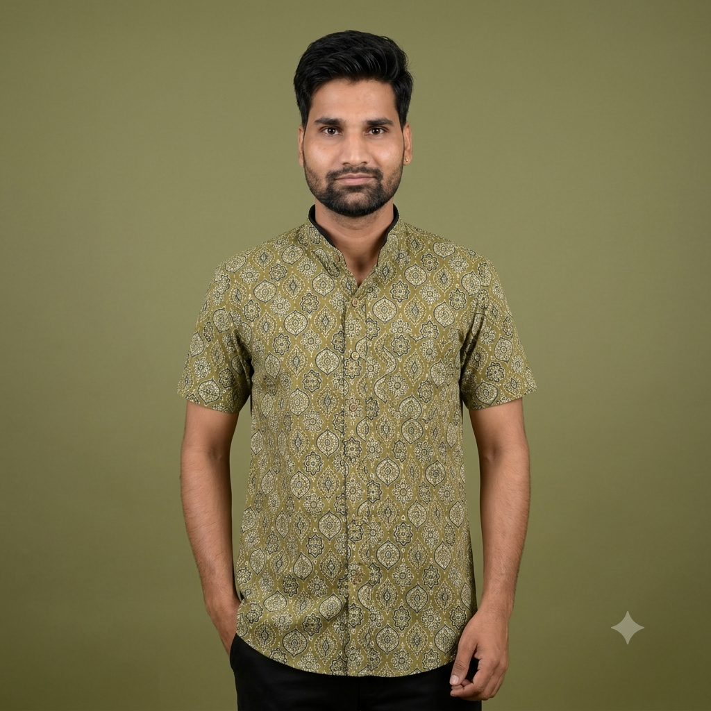 The Aravalli Green Geometric Block-Print Shirt