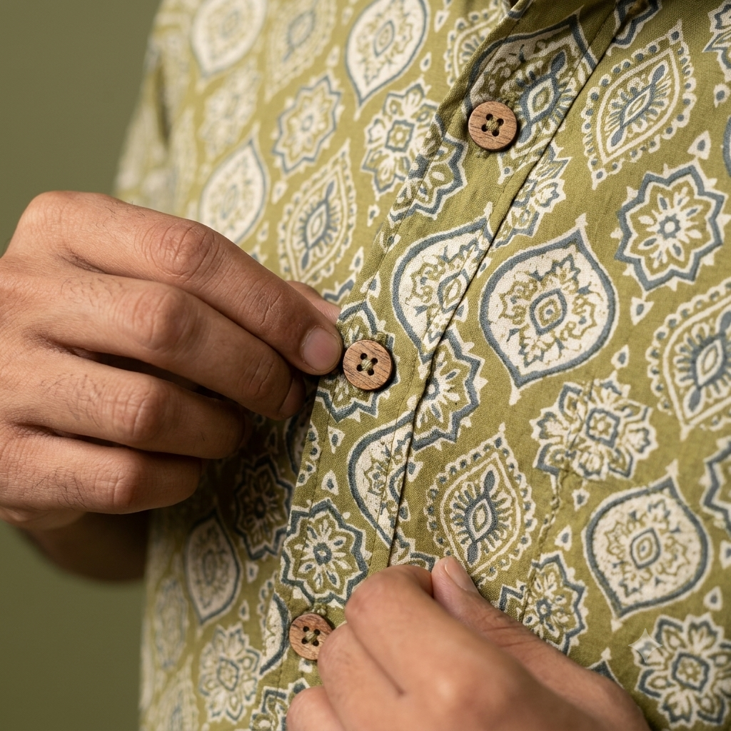 The Aravalli Green Geometric Block-Print Shirt