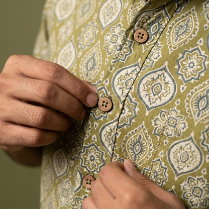 The Aravalli Green Geometric Block-Print Shirt