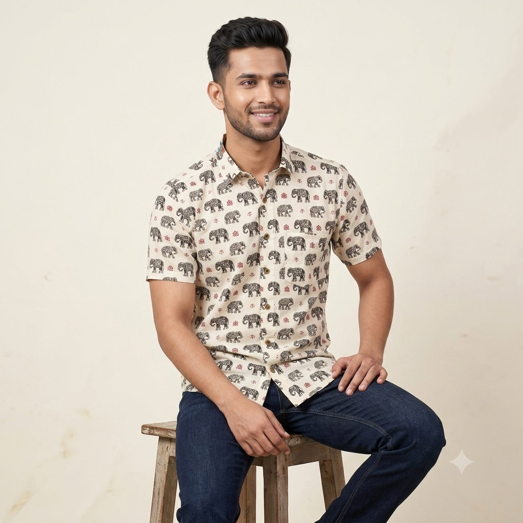 The Heritage Sanganeri Elephant Short-Sleeve Shirt