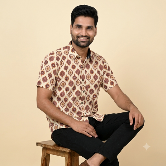 The Mewari Crimson Medallion Block-Print Shirt