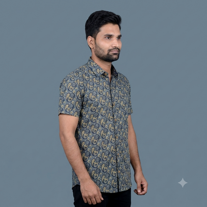 The Rajputana Charcoal & Gold Block-Print Shirt