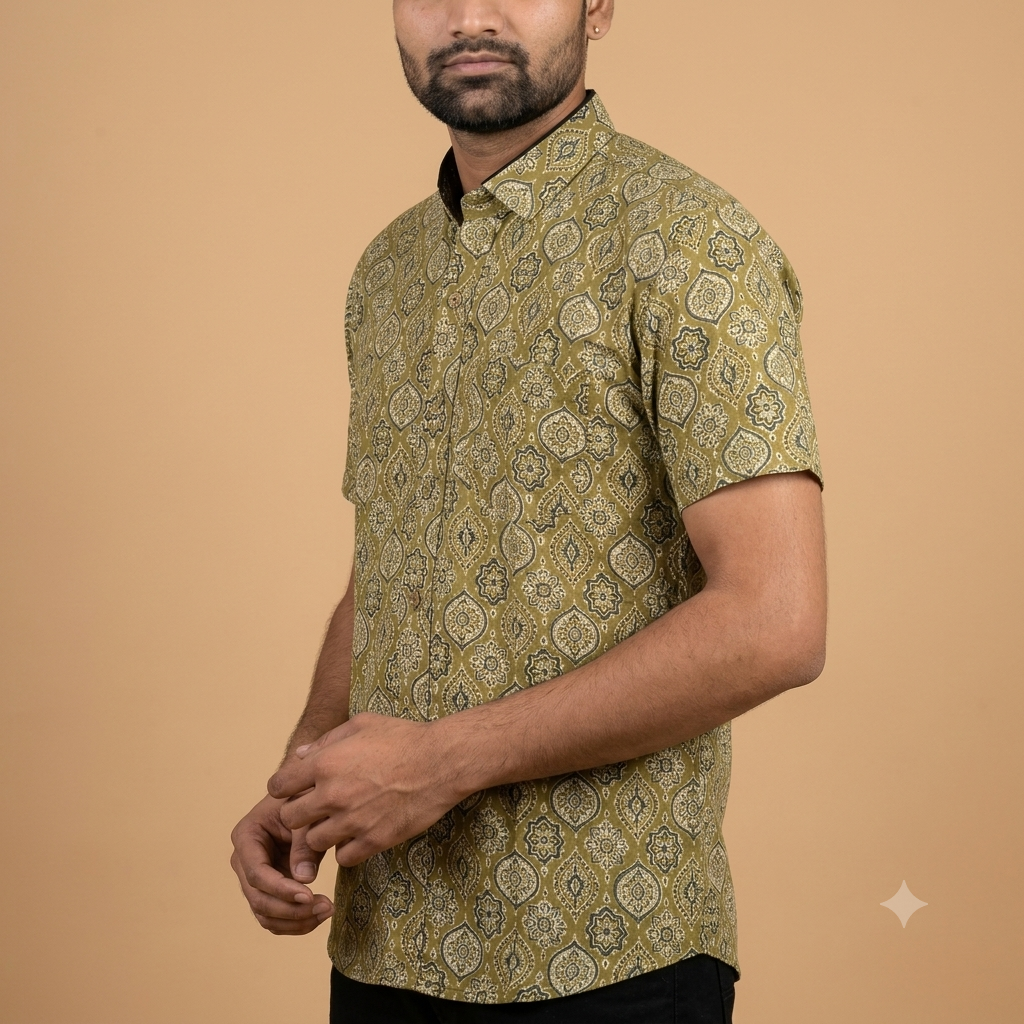 The Aravalli Green Geometric Block-Print Shirt