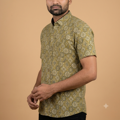 The Aravalli Green Geometric Block-Print Shirt