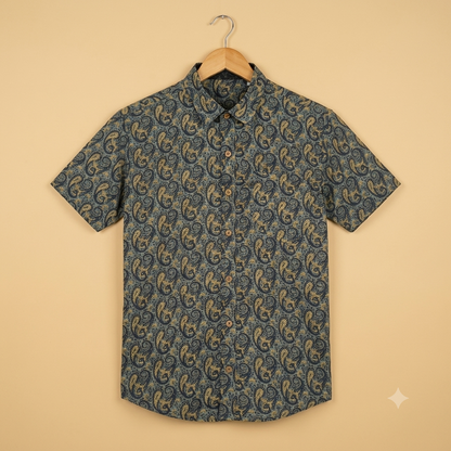 The Rajputana Charcoal & Gold Block-Print Shirt