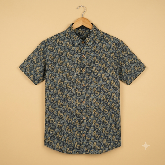 The Rajputana Charcoal & Gold Block-Print Shirt