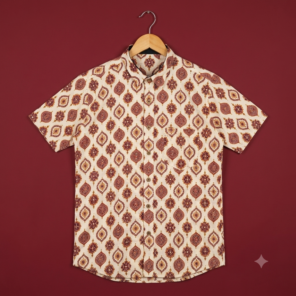 The Mewari Crimson Medallion Block-Print Shirt
