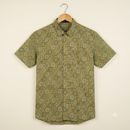 The Aravalli Green Geometric Block-Print Shirt