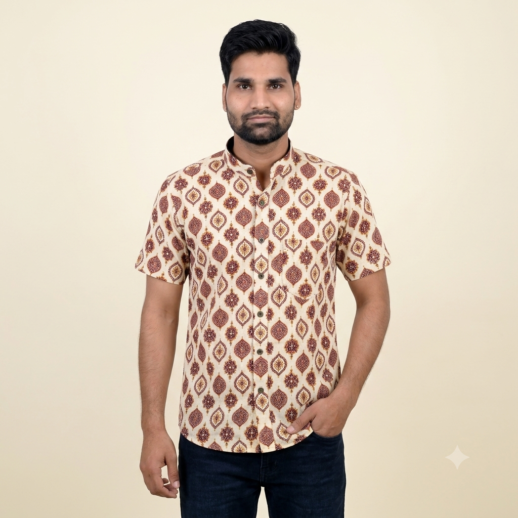 The Mewari Crimson Medallion Block-Print Shirt