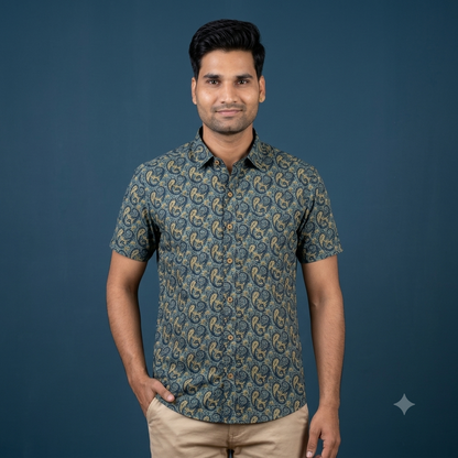 The Rajputana Charcoal & Gold Block-Print Shirt