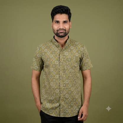 The Aravalli Green Geometric Block-Print Shirt